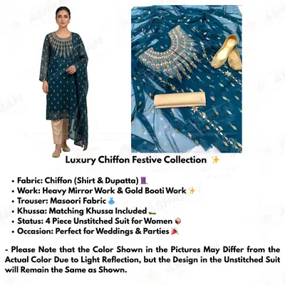 3 Pcs Women’s Unstitched Chiffon Mirror Work Suit