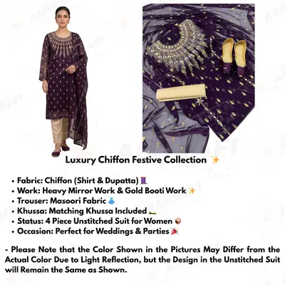 3 Pcs Women’s Unstitched Chiffon Mirror Work Suit