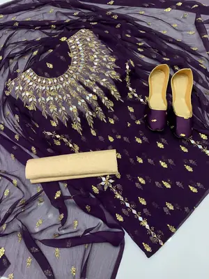 3 Pcs Women’s Unstitched Chiffon Mirror Work Suit thumbnail 2