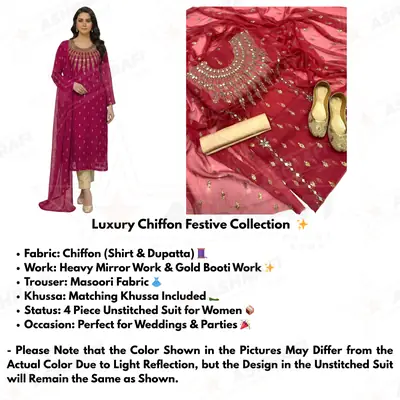 3 Pcs Women’s Unstitched Chiffon Mirror Work Suit