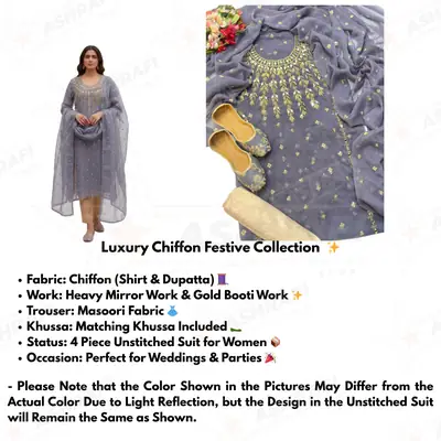 3 Pcs Women’s Unstitched Chiffon Mirror Work Suit