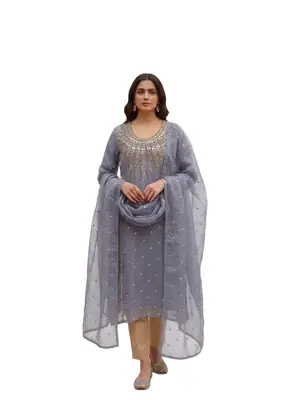 3 Pcs Women’s Unstitched Chiffon Mirror Work Suit thumbnail 3