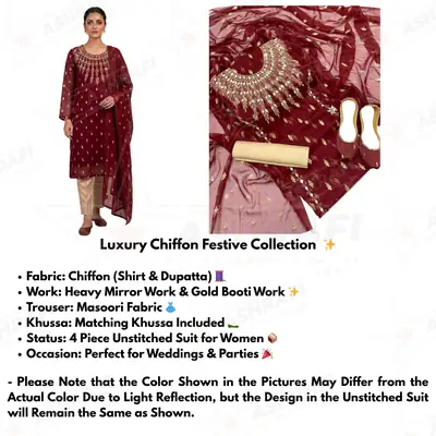 3 Pcs Women’s Unstitched Chiffon Mirror Work Suit