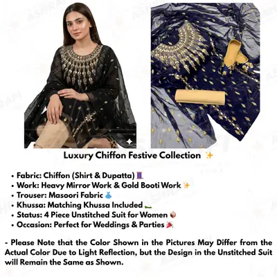 3 Pcs Women’s Unstitched Chiffon Mirror Work Suit