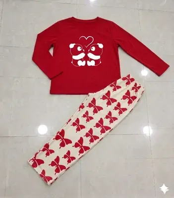 Women Red Butterfly Printed Night Suit With Trousers thumbnail 3