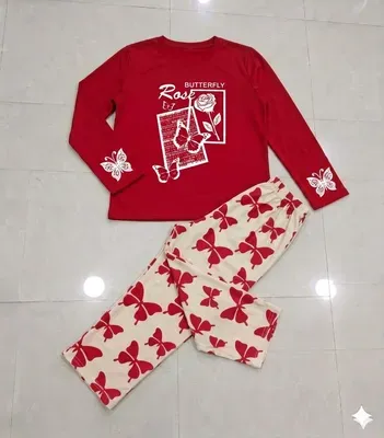 Women Printed Night Suit Red White Butterfly Trousers thumbnail 2
