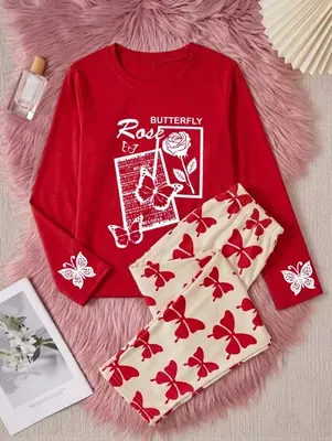 Women Printed Night Suit Red White Butterfly Trousers thumbnail 3