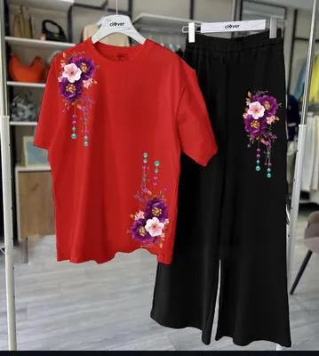 Women Red Floral Printed Night Suit 2 Pcs Medium to XL thumbnail 3