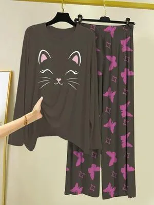 Women Grey Cat Print Night Suit 2 Pcs Cotton Jersey thumbnail 2