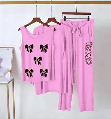 Women Printed Night Suit 3 Pcs Pink Jersey Cozy thumbnail 3