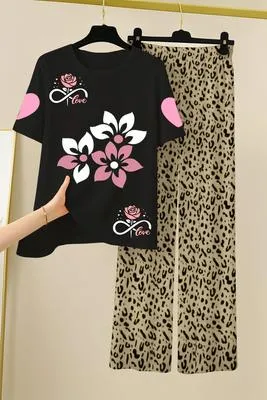 Women Printed Night Suit Black Floral Leopard Print 2Pcs Medium to XL thumbnail 3