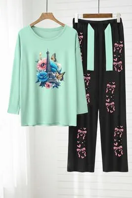 Mint Green Eiffel Tower Night Suit with Pink Bow Trouser Set thumbnail 2