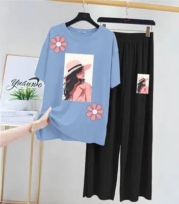 Women Printed Night Suit Turquoise Jersey 2 Pcs Medium to XL thumbnail 3