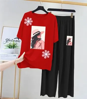 Red Floral Printed 2-Piece Night Suit for Women Medium to XL thumbnail 3