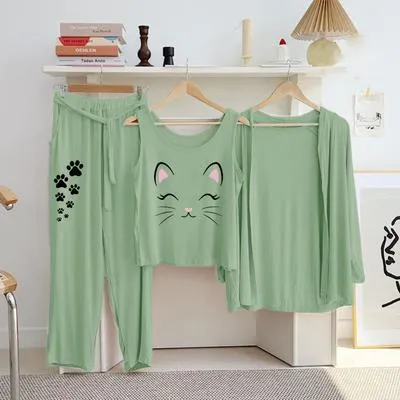 Green Cat Print 3-Piece Night Suit for Women thumbnail 3