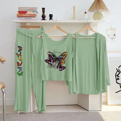 Green Printed 3Pc Women Night Suit Jersey Set