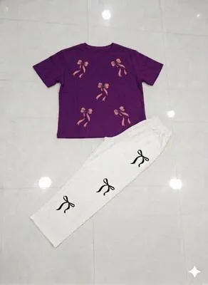 Bow Printed Night Suit for Girls Women Purple White thumbnail 2