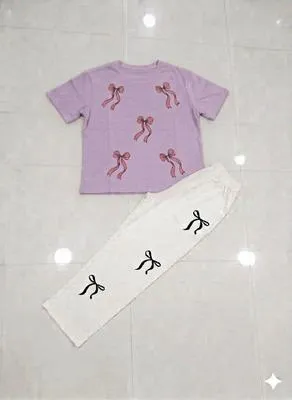 Bow Printed Night Suit for Girls Women Purple White thumbnail 2