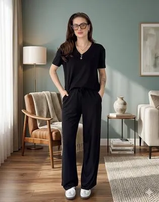 Black V-Neck Lounge Wear Set for Women thumbnail 3