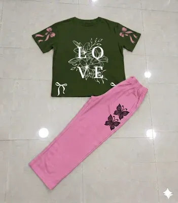 Green Love Print Night Suit for Women Pink Butterfly Pants thumbnail 3