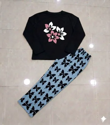 Black Floral Print Night Suit with Butterfly Pants thumbnail 3