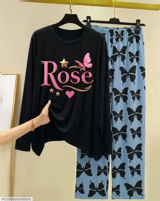 Rose Butterfly Print Night Suit Women Black Jersey Trouser Set thumbnail 1