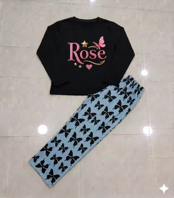 Rose Butterfly Print Night Suit Women Black Jersey Trouser Set thumbnail 3