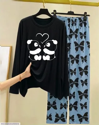 Black Butterfly Print Night Suit for Women 28"