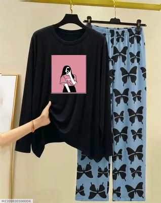 Black Printed Night Suit for Women with Butterfly Pants