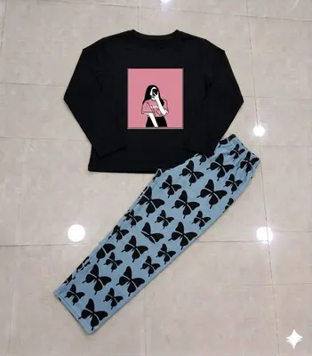 Black Printed Night Suit for Women with Butterfly Pants thumbnail 3