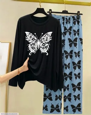 Black Butterfly Print Night Suit for Women 28"