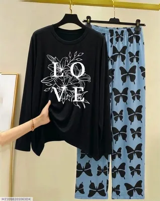 Black Love Butterfly Night Suit for Women