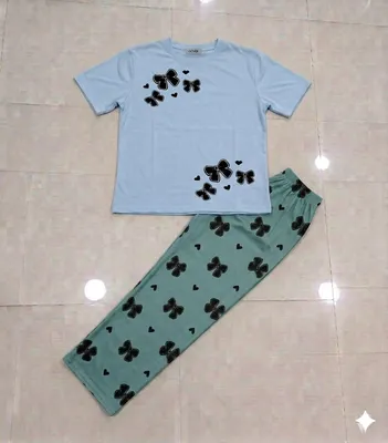 Women Night Suit Set Light Blue Butterfly Print Jersey 2Pcs thumbnail 3