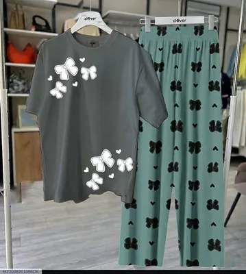 Women Butterfly Print Night Suit Grey Green