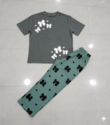 Women Butterfly Print Night Suit Grey Green thumbnail 3