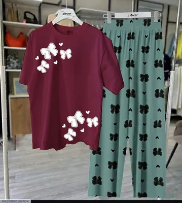 Maroon Butterfly Night Suit Women Jersey 2Pcs Medium to XL