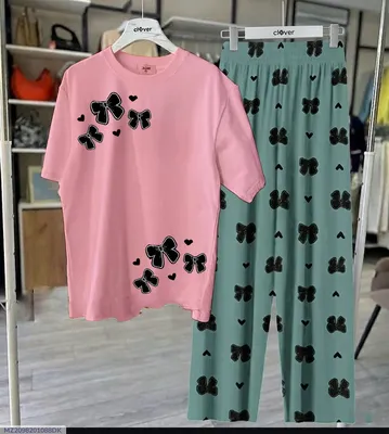 Pink Floral Night Suit Women Green Bow Medium to XL