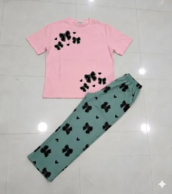 Pink Floral Night Suit Women Green Bow Medium to XL thumbnail 3
