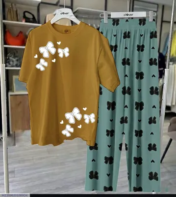 Women Butterfly Print Night Suit Brown Green