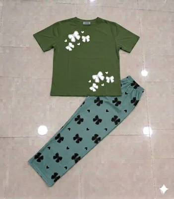 Women Butterfly Print Night Suit Brown Green thumbnail 3
