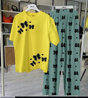 Women Yellow Butterfly Night Suit 2Pcs Jersey Medium to XL