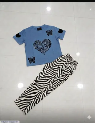 Women Blue Butterfly Heart T-Shirt with Zebra Pants Set Medium to XL thumbnail 1
