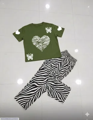 Green Heart Print Night Suit for Girls Zebra Pants Medium to XL