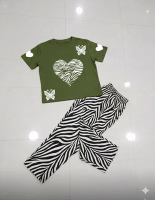 Green Heart Print Night Suit for Girls Zebra Pants Medium to XL thumbnail 3