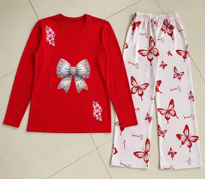 Red Printed Night Suit for Women Butterfly Pattern thumbnail 2