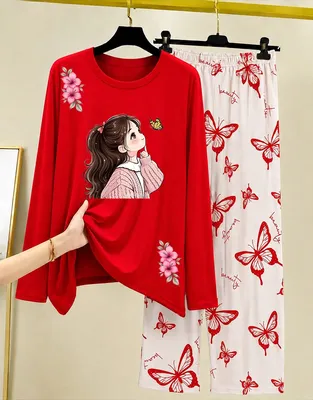 Red Printed Night Suit for Women Butterfly Pattern thumbnail 3