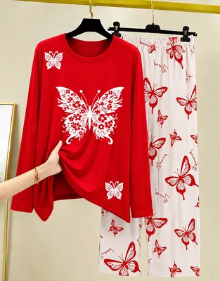 Red Butterfly Printed Night Suit for Women thumbnail 3