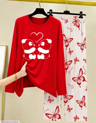 Red Butterfly Print Night Suit for Women 28" thumbnail 1