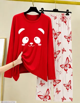 Red Cat Print Night Suit for Women 28" thumbnail 1