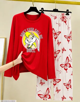 Red Butterfly Print Night Suit for Women 28" thumbnail 1